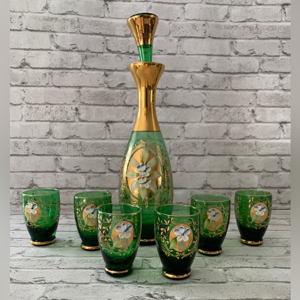 SOLD!!Set 7 Czech Green Vintage Bohemian Decanter & Glasses Gold Gilt Hand paint